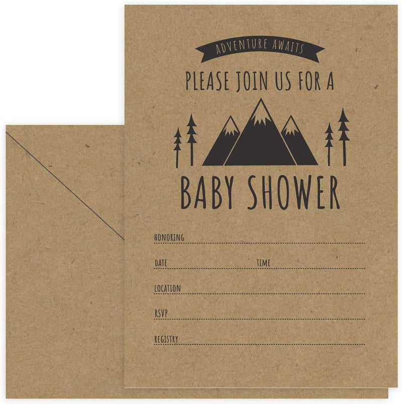 Canopy Street Adventure Awaits Baby Shower Invitations / 25 Mountain Themed Fill In The Blank Gender Neutral Baby Shower Invites / 5" x 7" Flat Boy Or Girl Gender Reveal Invitation - Image 1